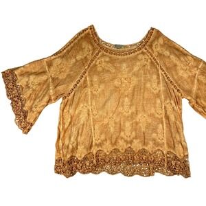 Democracy 3X Mustard Yellow Embroidered Lace Trim Boho Gauze Top Peasant Fairy